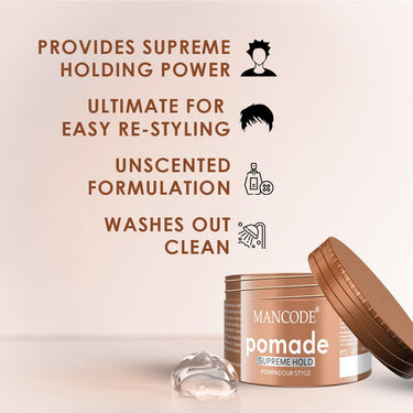 Mancode Hair Styling Pomade Wax for Men- 100ml | Supreme Hold, Glossy Finish, Non-Greasy, Water-Based Formula | 24-Hour Flexible Hold | Strong & Long-Lasting | All Hair Types